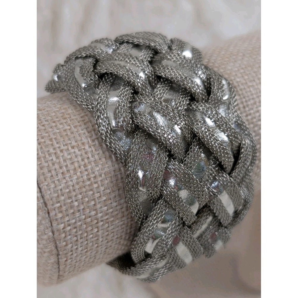 Silver‎ Tone Braided Mesh Statement Bracelet Magnetic Clasp Woven Cuff